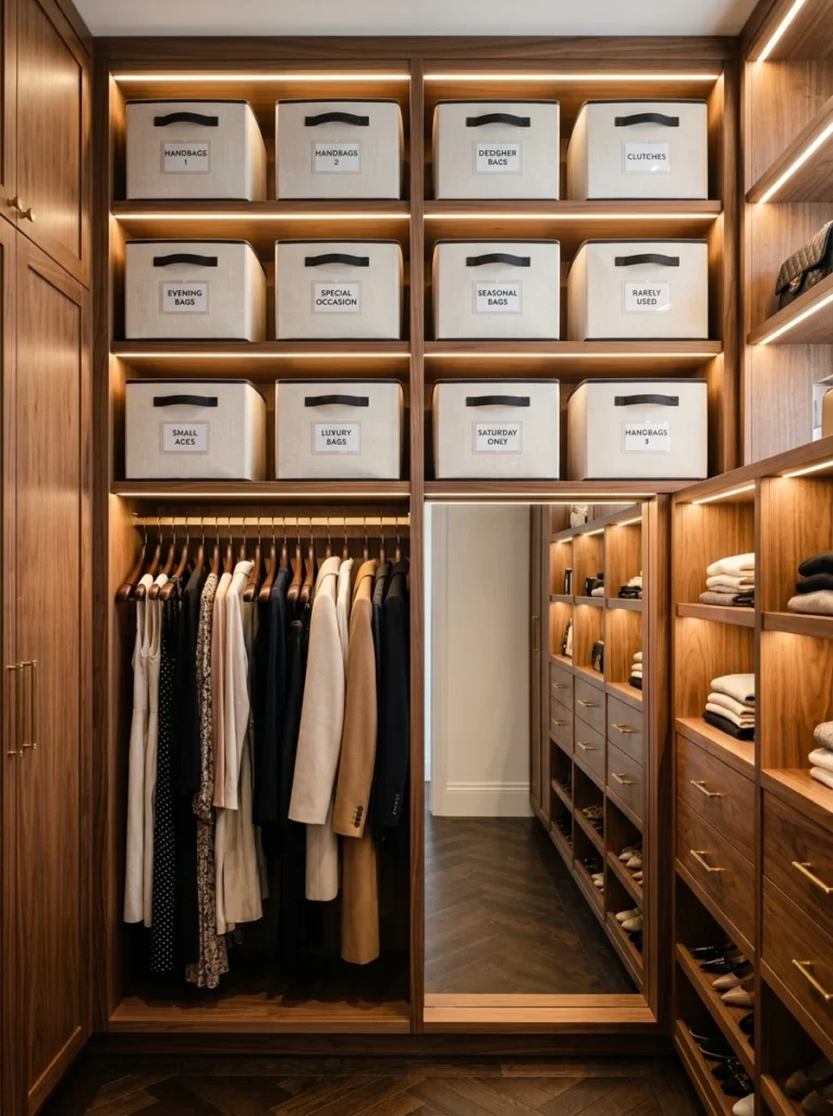 Labeled bins storing rarely used handbags