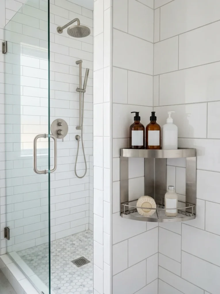 Corner shower caddy organizing shampoo and body wash