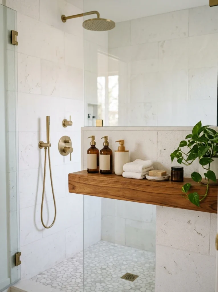 Teak shower shelf creating a warm spa-like bathroom