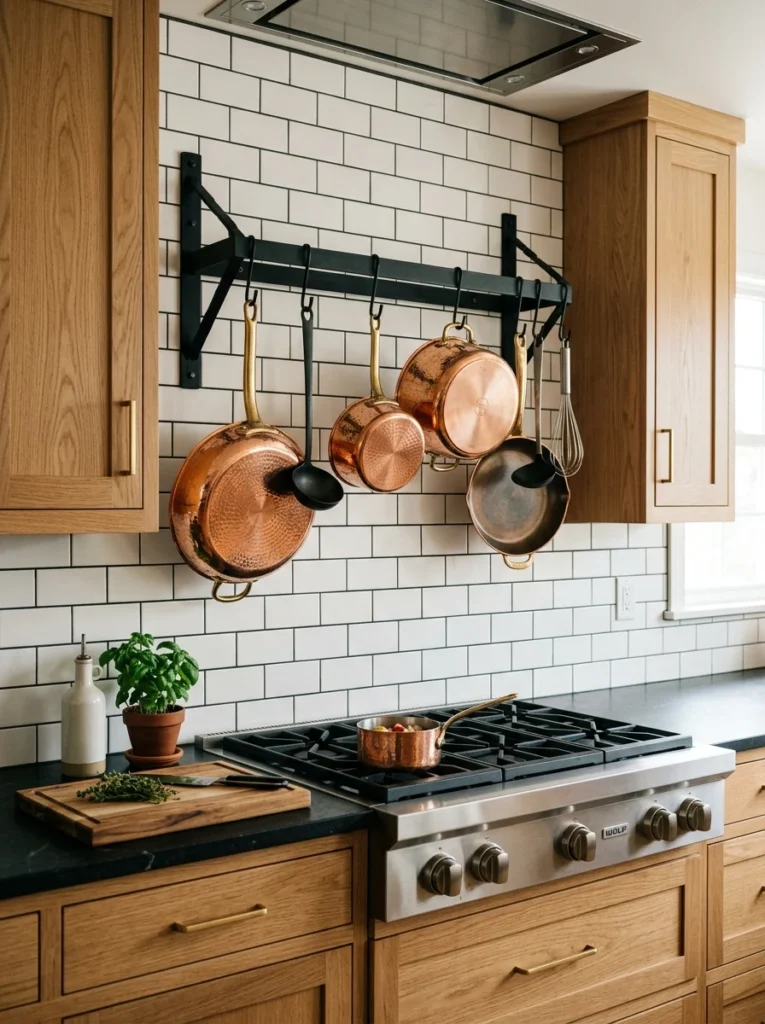 Copper pots displayed on a kitchen wall rack.