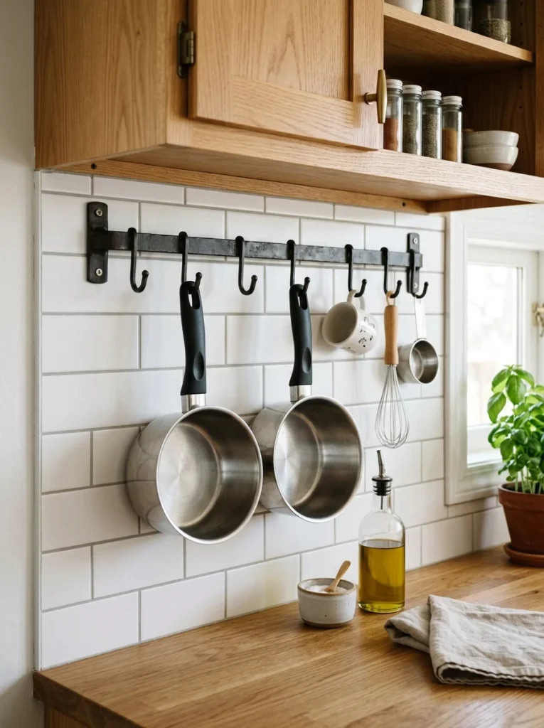 Small saucepans hanging from a repurposed mug rack
