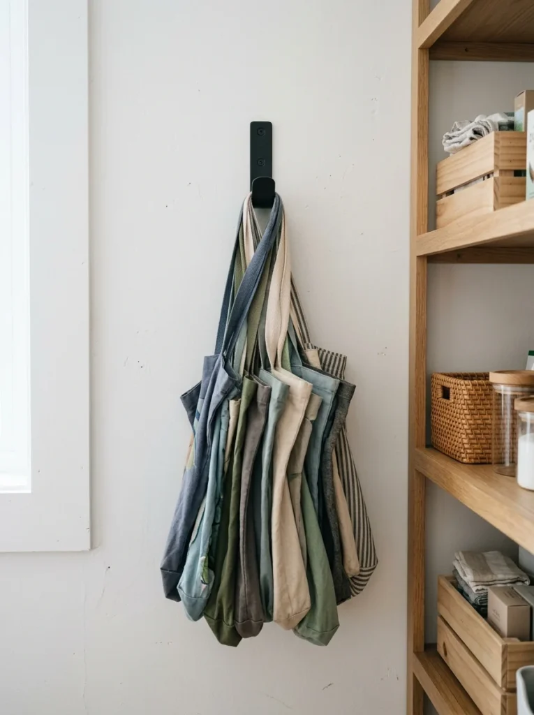 Reusable grocery bags bundled together on a wall hook