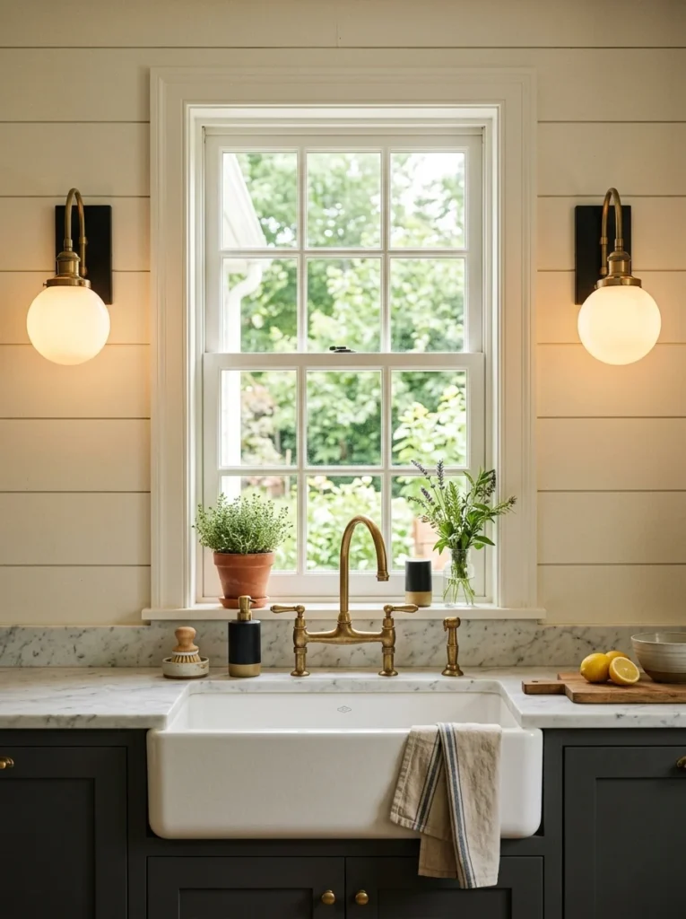 Decorative kitchen wall sconces beside a window.