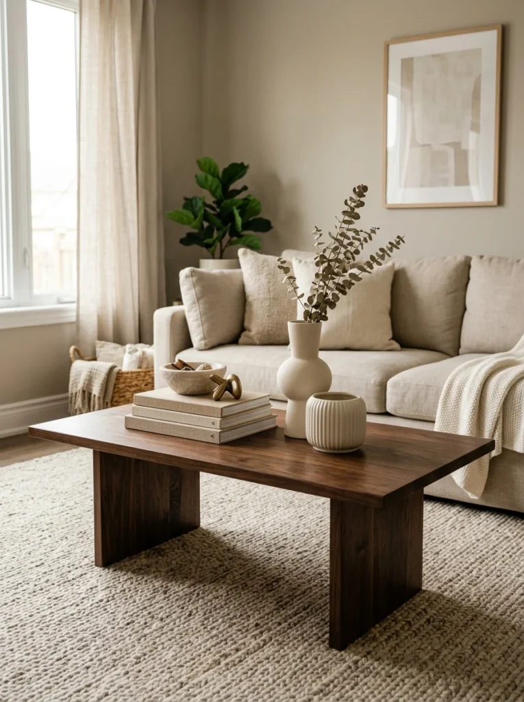 Light coffee table accessories contrast beautifully with a dark walnut table surface.