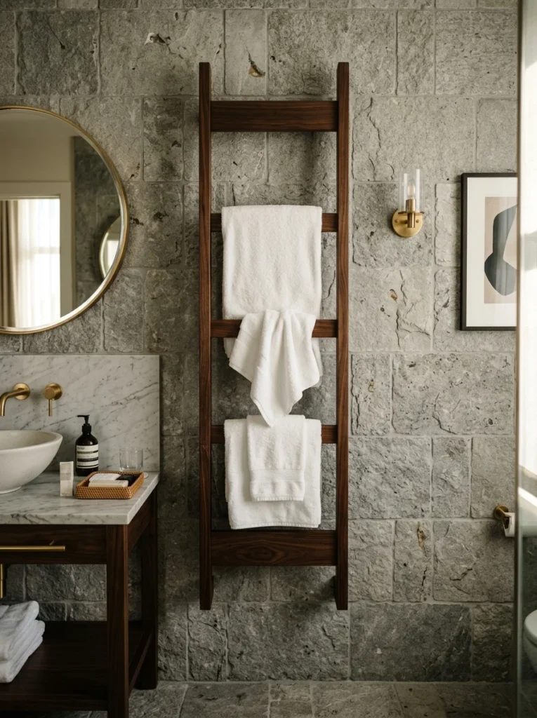 Decorative wooden towel ladder used as bathroom wall art.