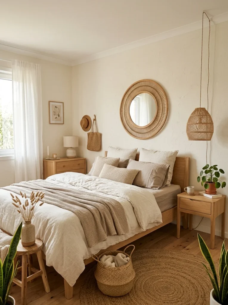 Aesthetic bedroom with rattan mirror, woven basket, and natural textures.