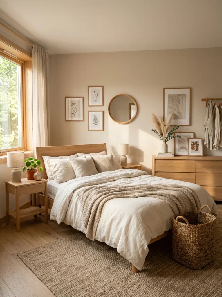 Aesthetic bedroom with light natural wood furniture and neutral decor.