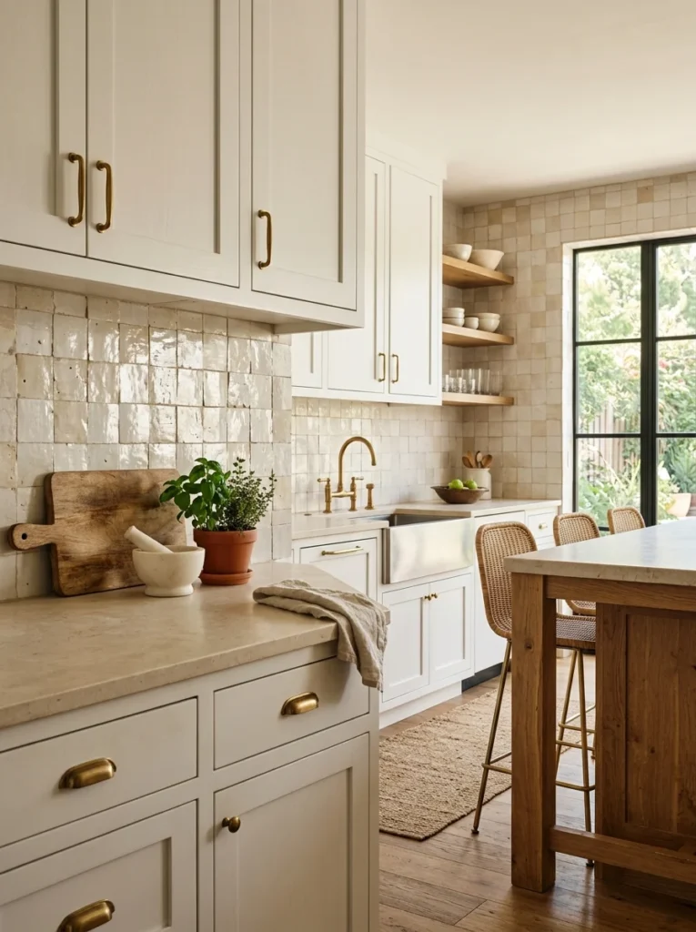 White kitchen with handmade zellige backsplash tiles and organic texture.