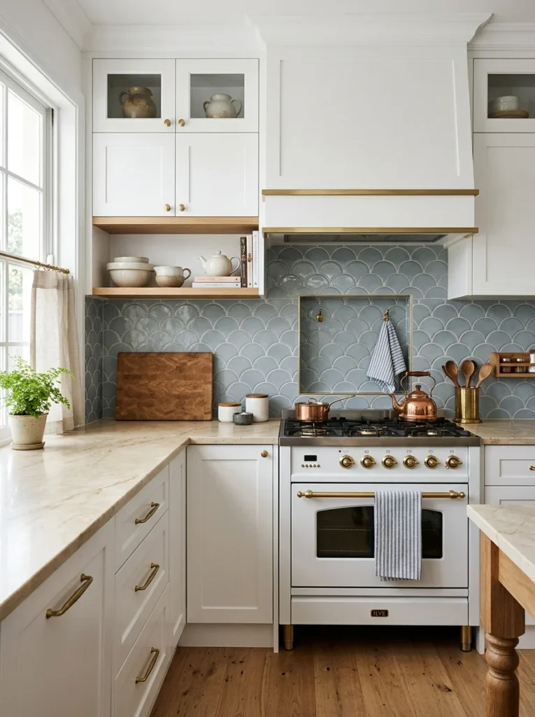 White kitchen with a blue-grey scalloped fish scale backsplash.