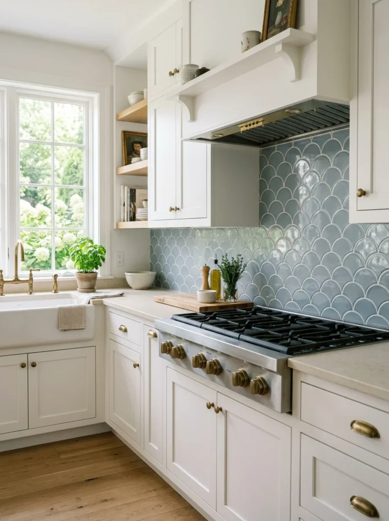 White kitchen with full-height backsplash coordinated with a statement range hood.