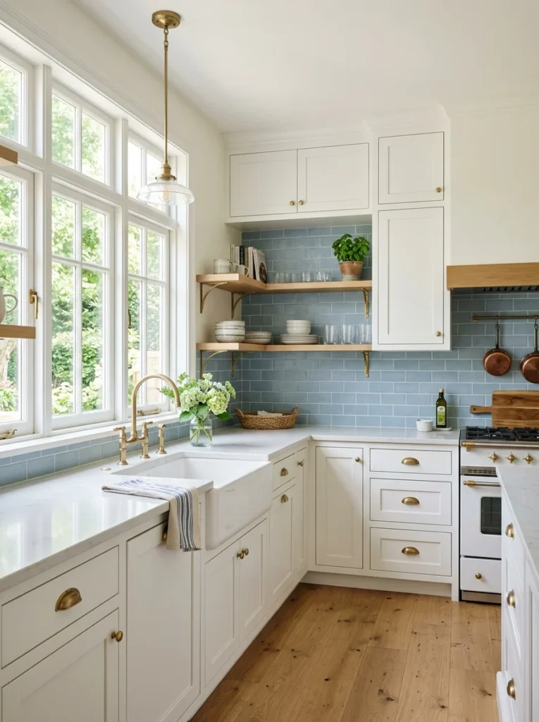 White kitchen with a soft blue subway tile backsplash and brass hardware.