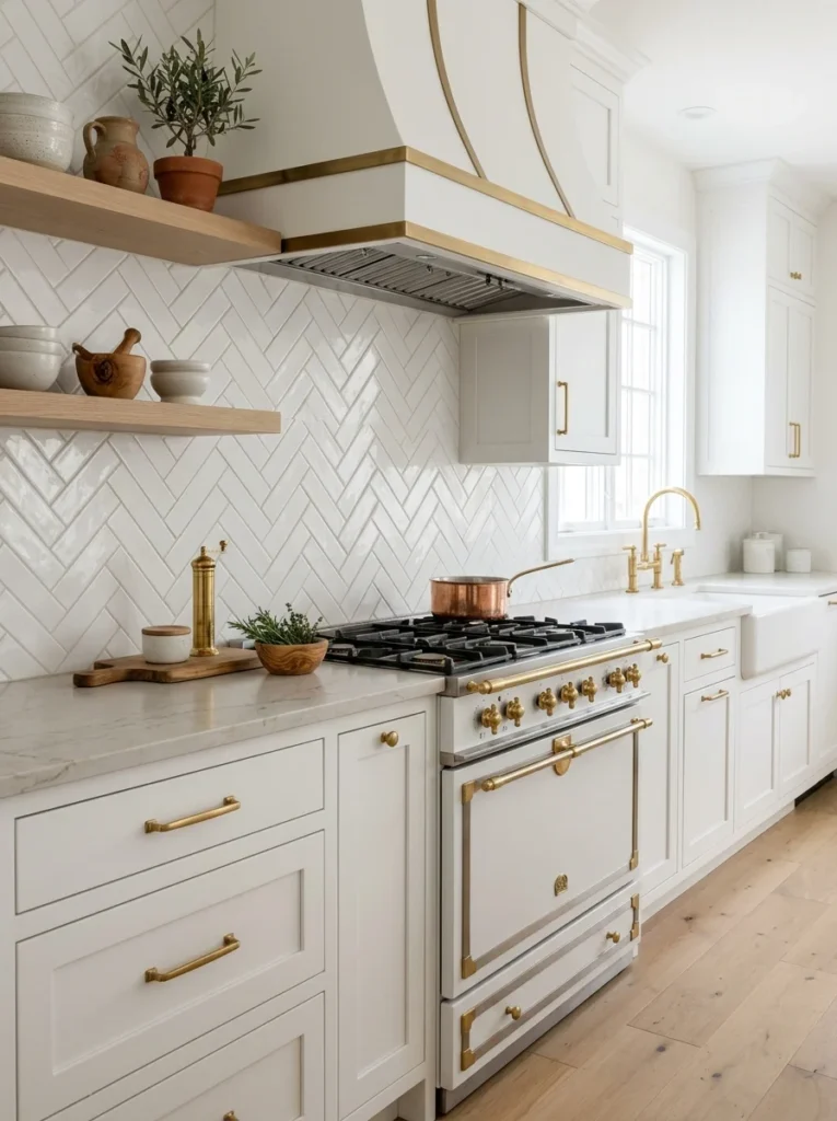White kitchen with a herringbone subway tile backsplash behind the range.