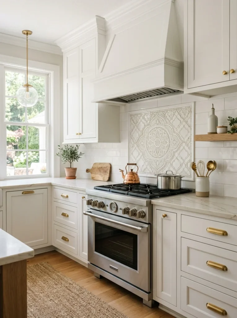 White kitchen with open wood shelves displayed against a zellige backsplash.
