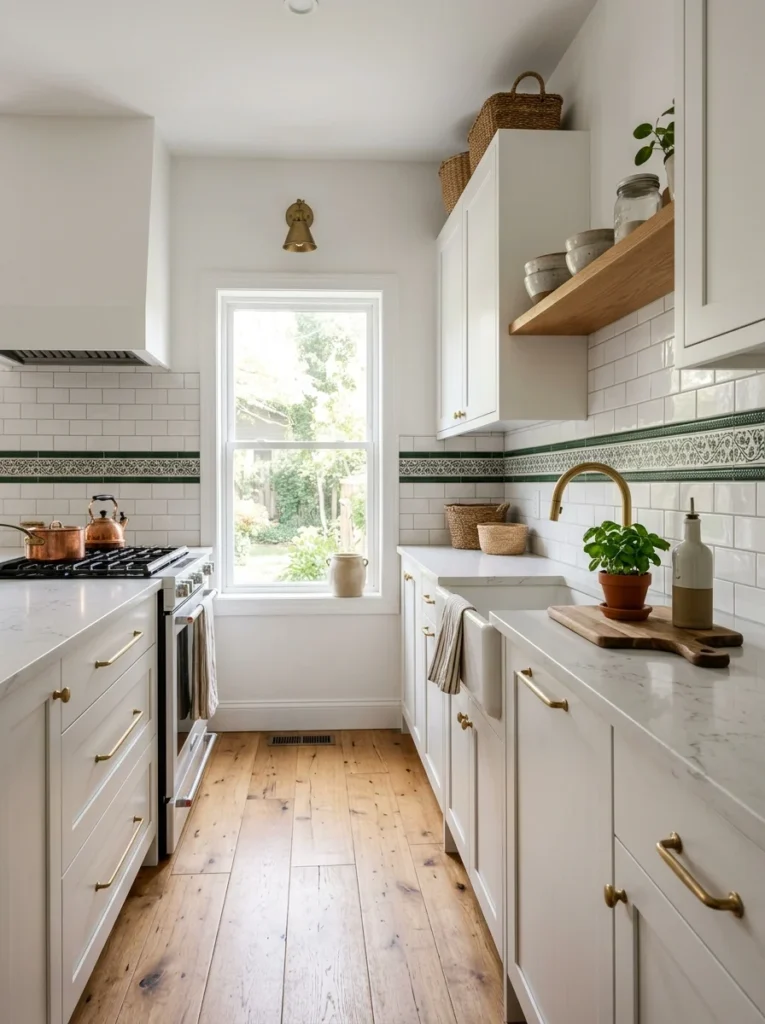 White kitchen backsplash with a decorative green accent tile border.