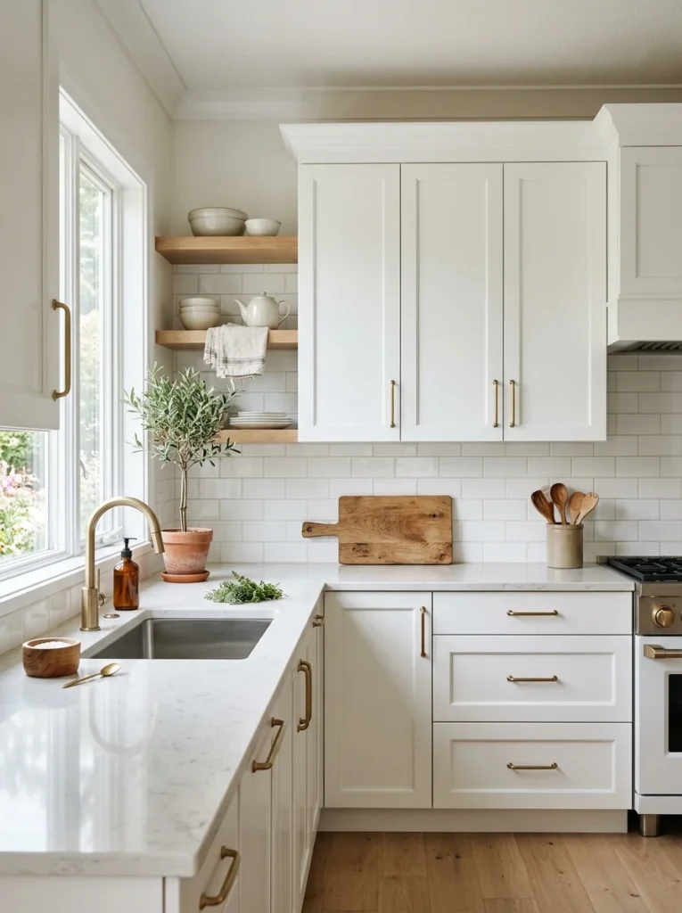 White kitchen with classic subway tile backsplash and warm white grout.