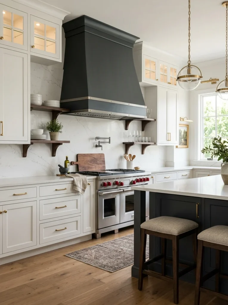 Deep charcoal range hood contrasts with white kitchen cabinetry.