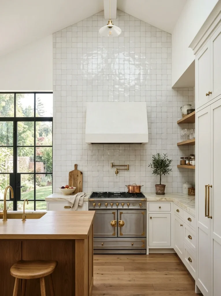 White kitchen with backsplash tile extending from the countertop to the ceiling.