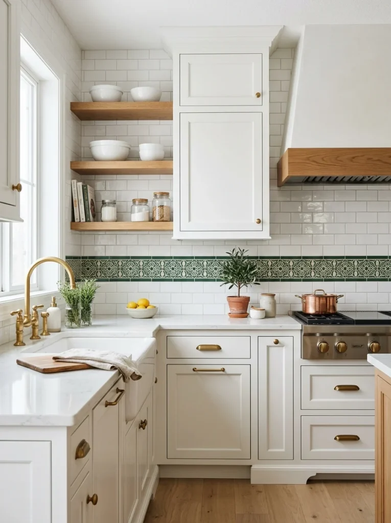 Minimalist white kitchen with large-format backsplash tiles and minimal grout lines.