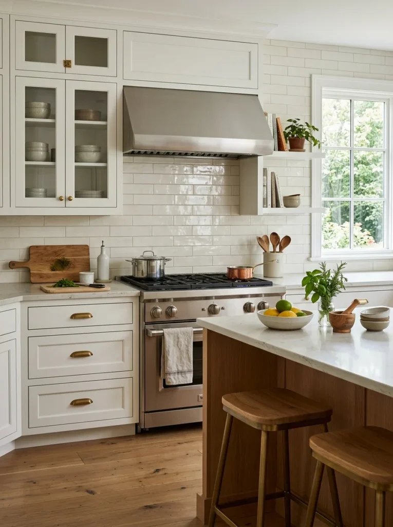 White kitchen with an easy-clean glazed tile backsplash behind the range.