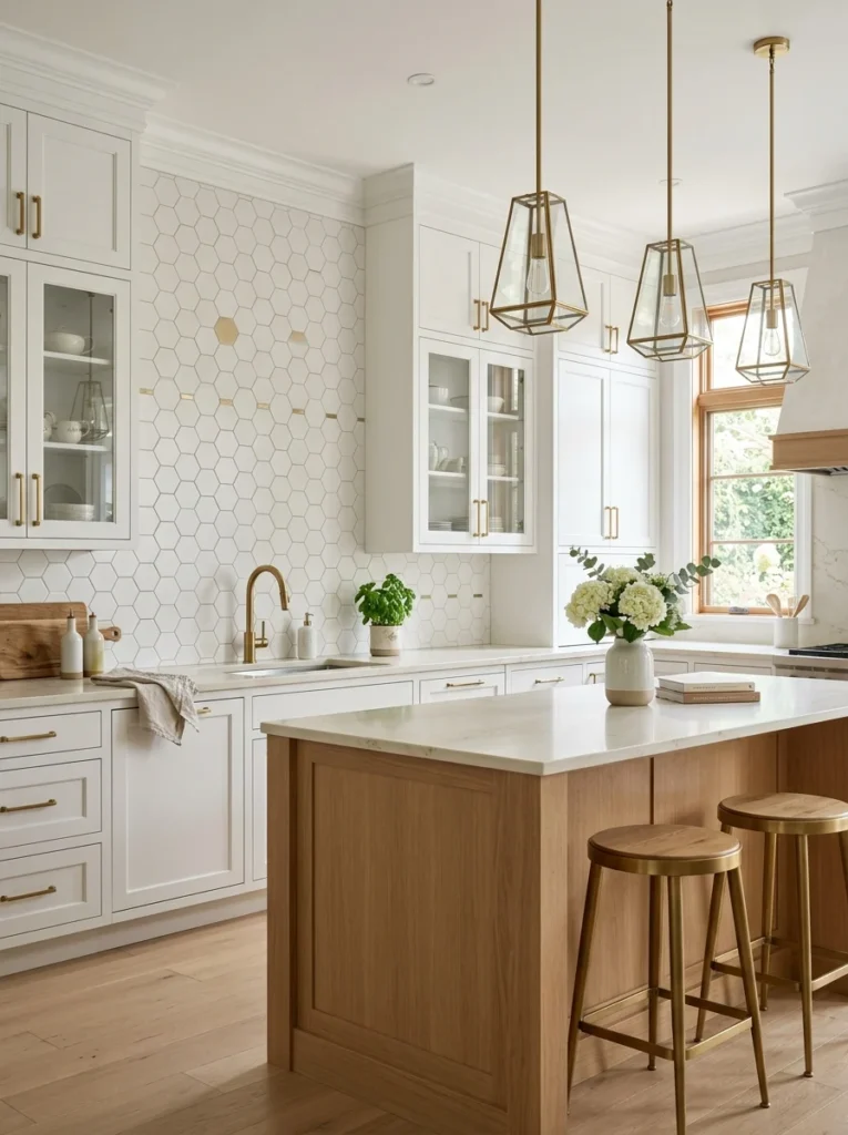 White kitchen backsplash with subtle brass metallic tile accents.
