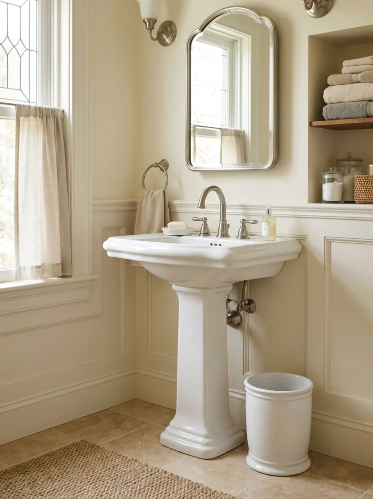 White ceramic bathroom trash can coordinated with a pedestal sink.