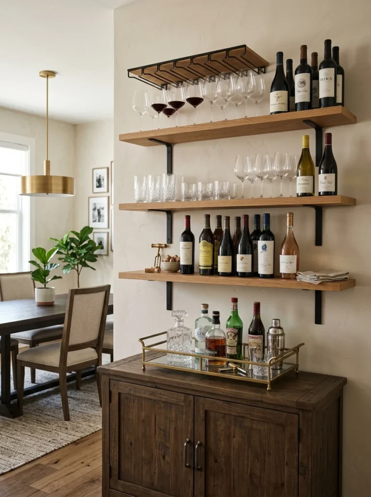 Open dining room shelves displaying wine bottles and organized glassware.