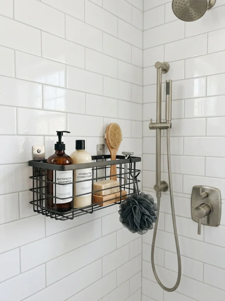 Rust-resistant wire basket storing shower products
