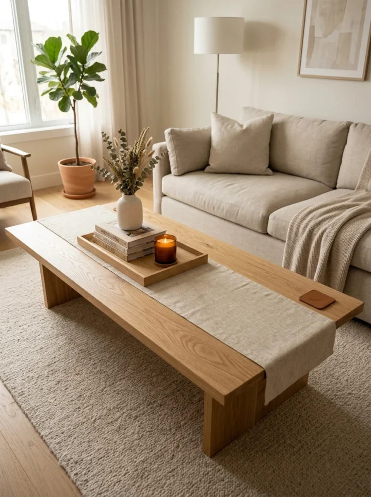 Linen runner creates a defined styling area on a rectangular coffee table.