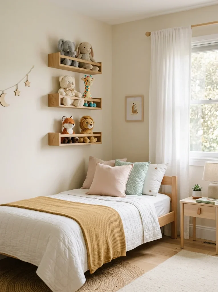 Wall-mounted shelves displaying favorite stuffed animals