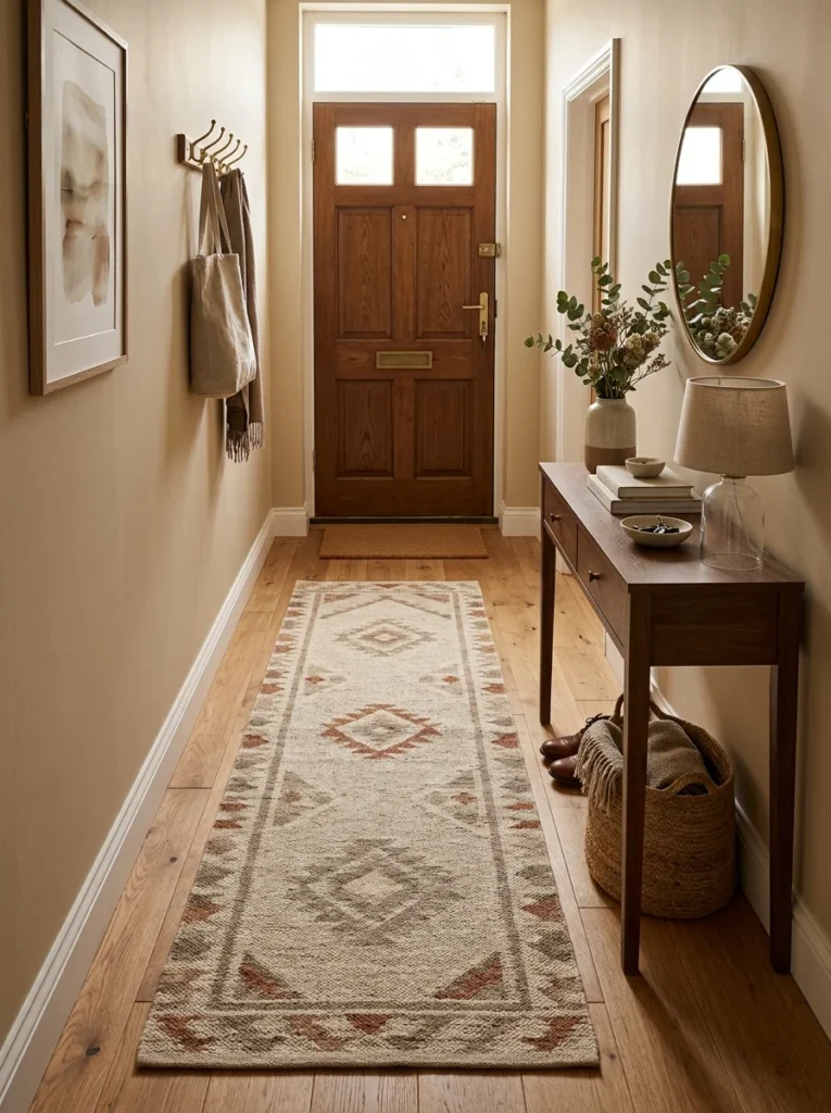 Durable low-pile wool runner in a narrow entryway