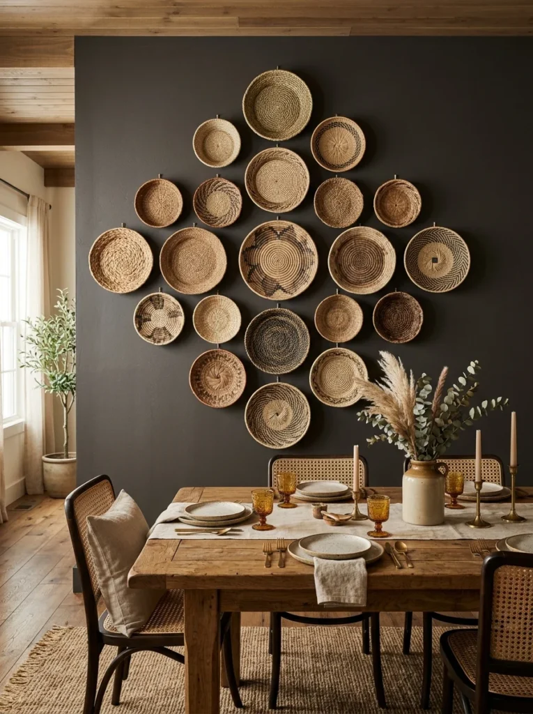 Large symmetrical collection of woven baskets creating a textured dining room accent wall.