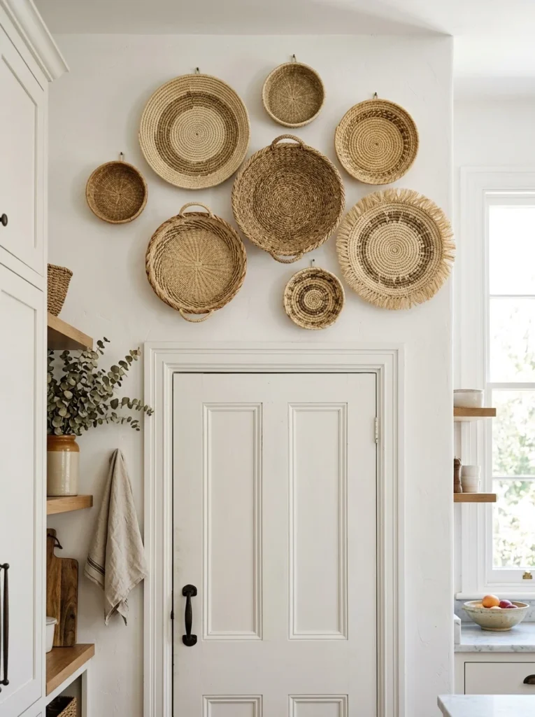 Woven basket wall art in a kitchen.