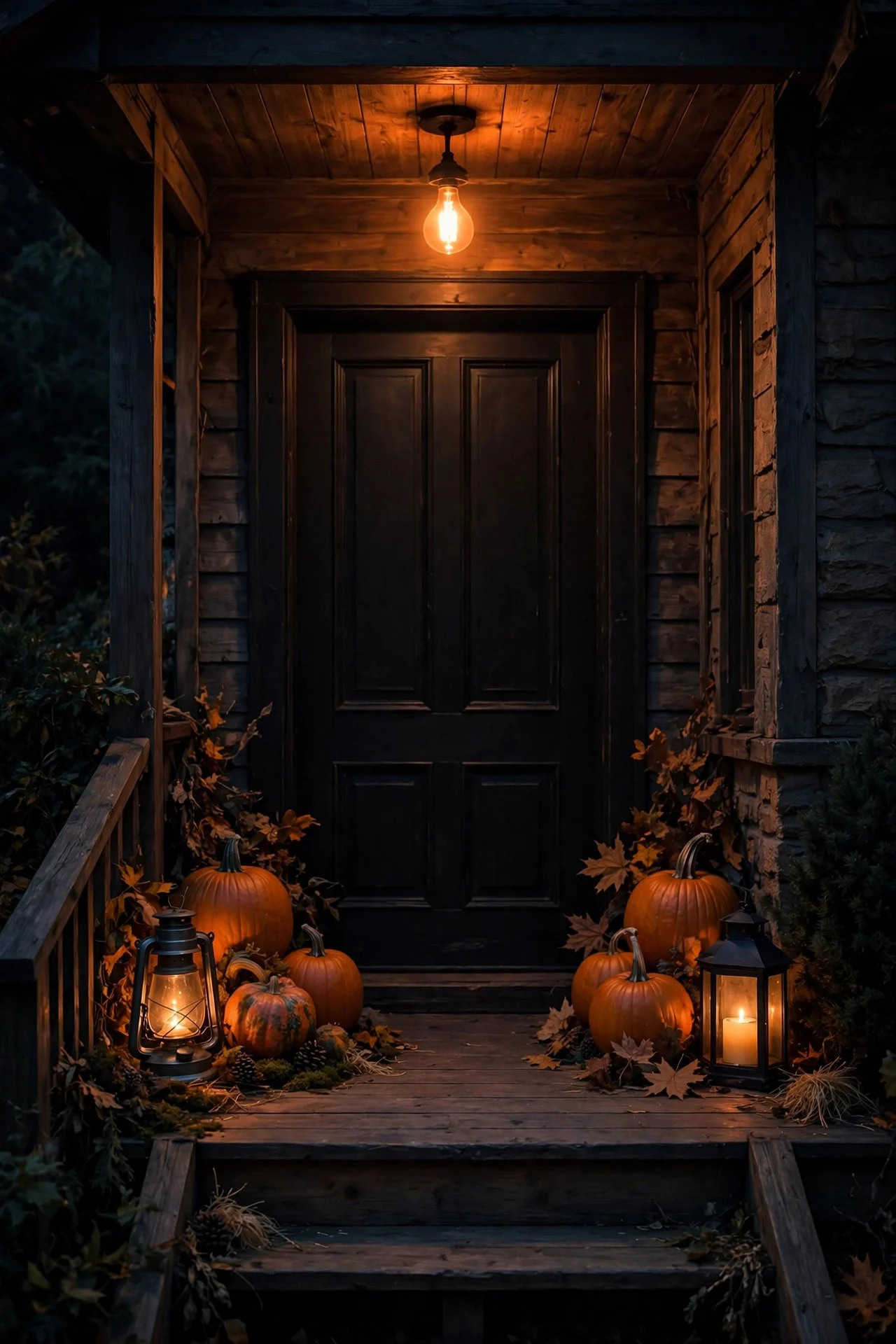 Orange porch bulb with pumpkins and lanterns