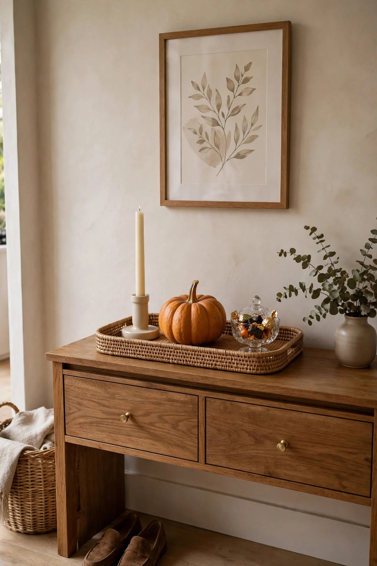 Styled entry console with tray and candles