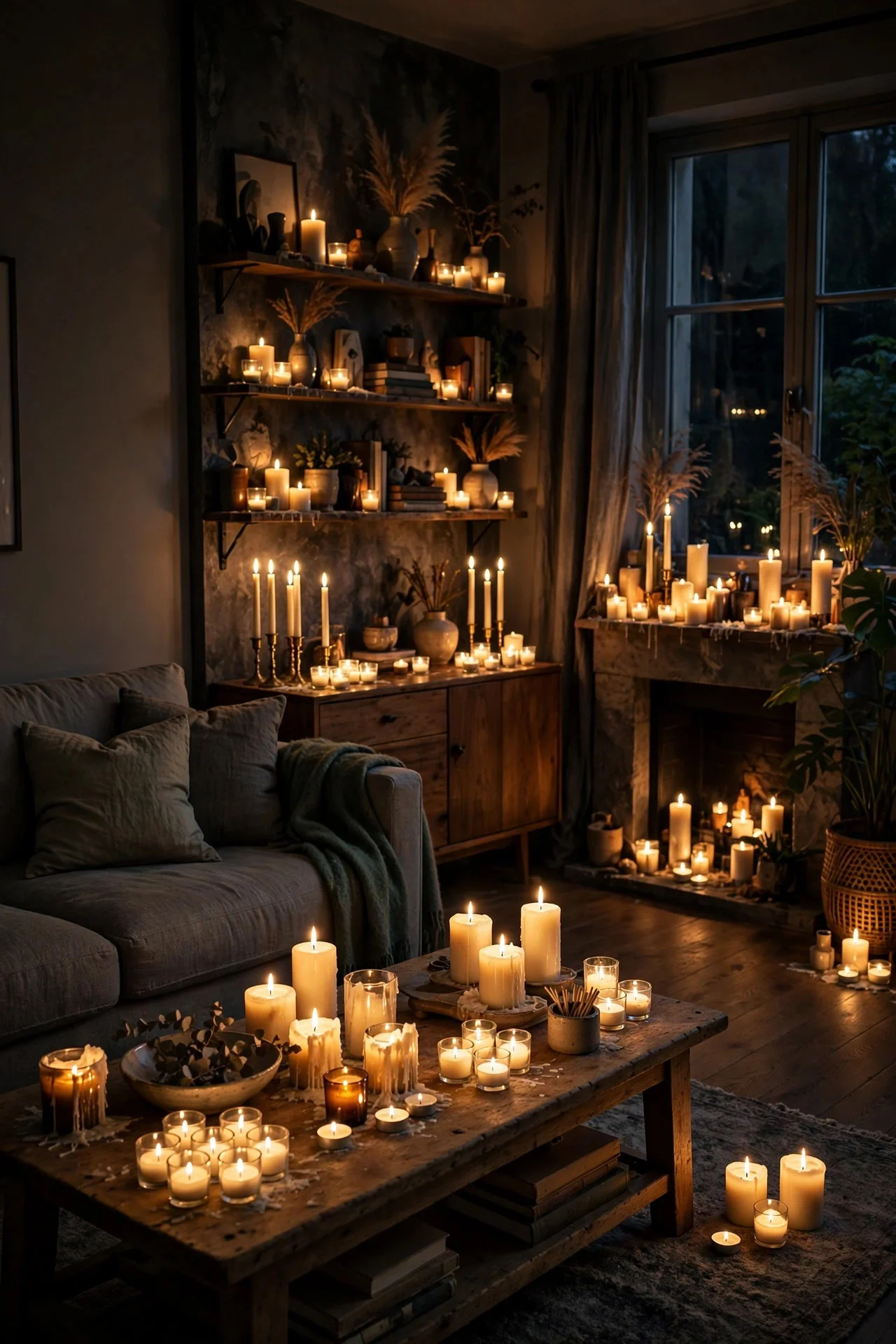 Candle-only lighting in a living room
