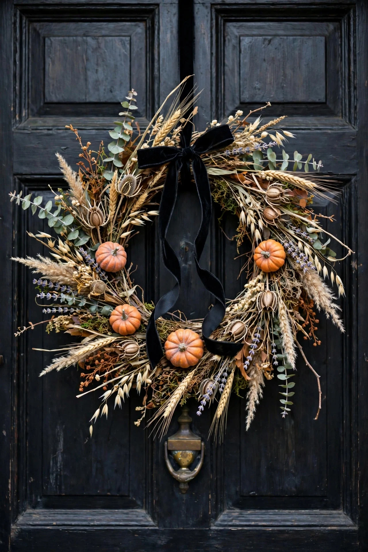 Refreshed wreath with black ribbon and mini pumpkins