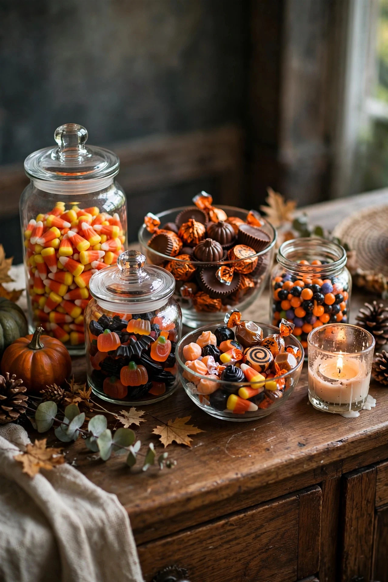 Halloween candy station in glass jars