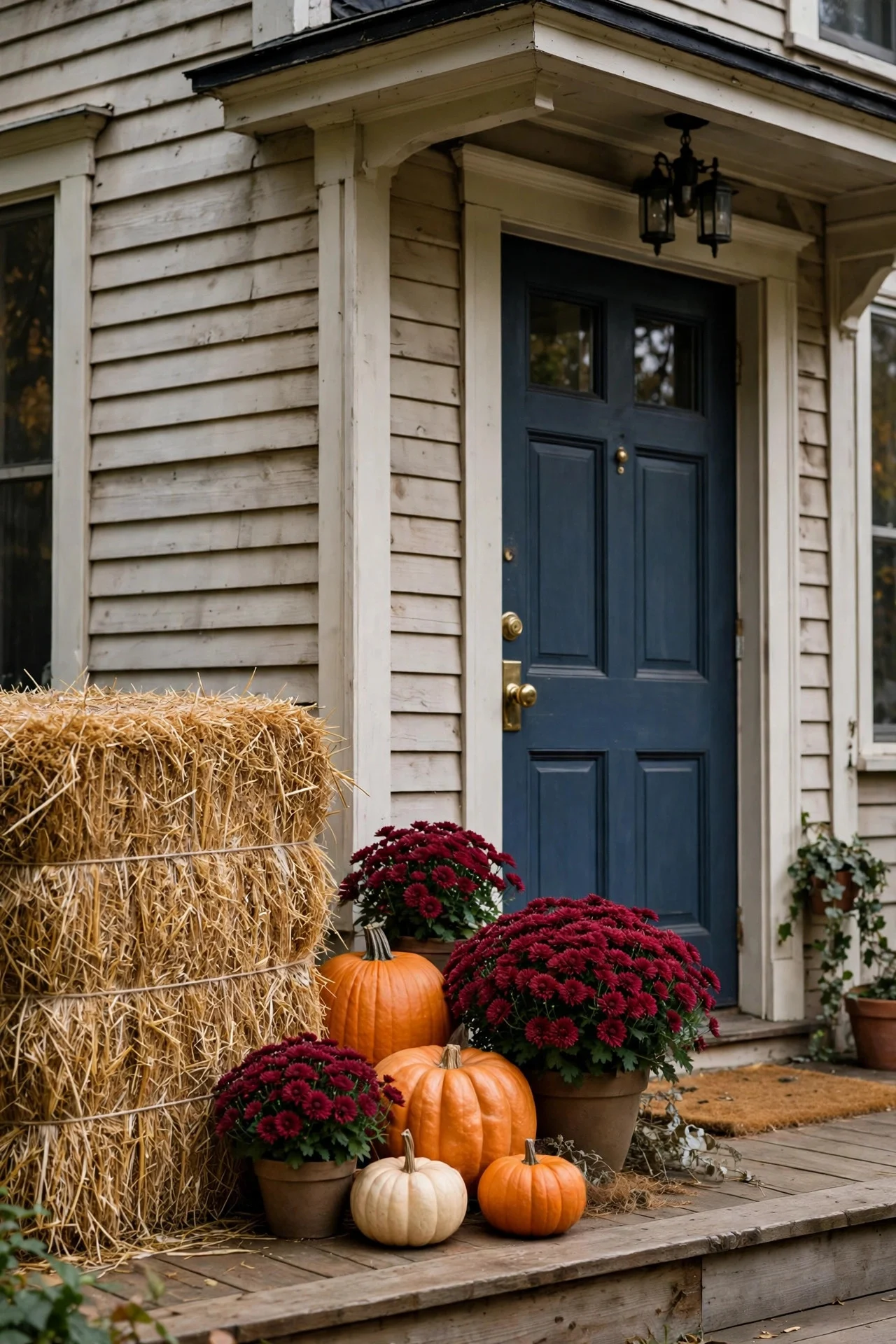Quick porch refresh with mums, hay bale and pumpkins