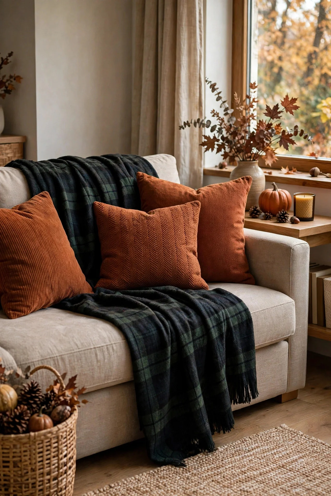 Seasonal textile swap on a sofa