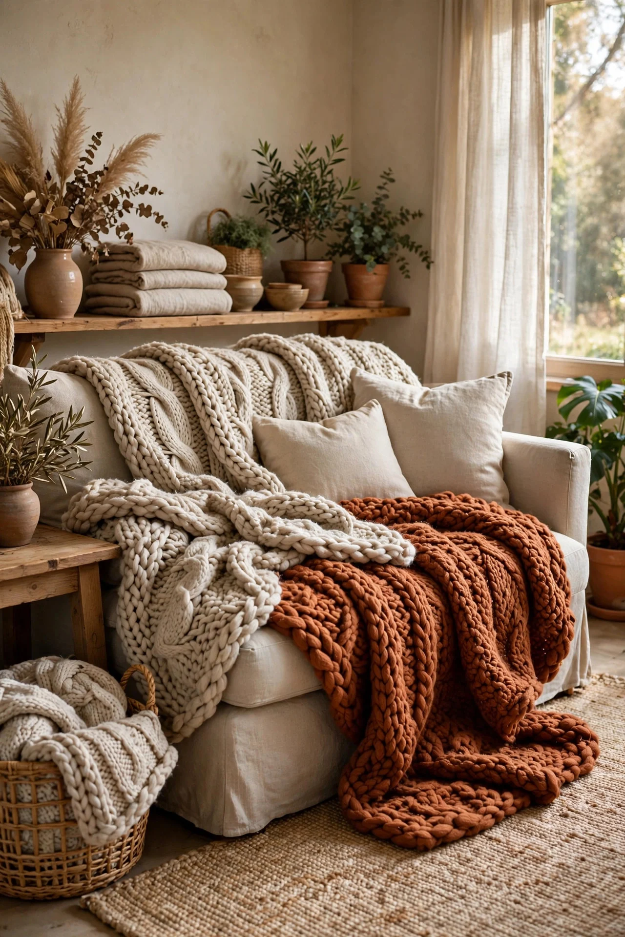 Chunky knit throws layered on a sofa