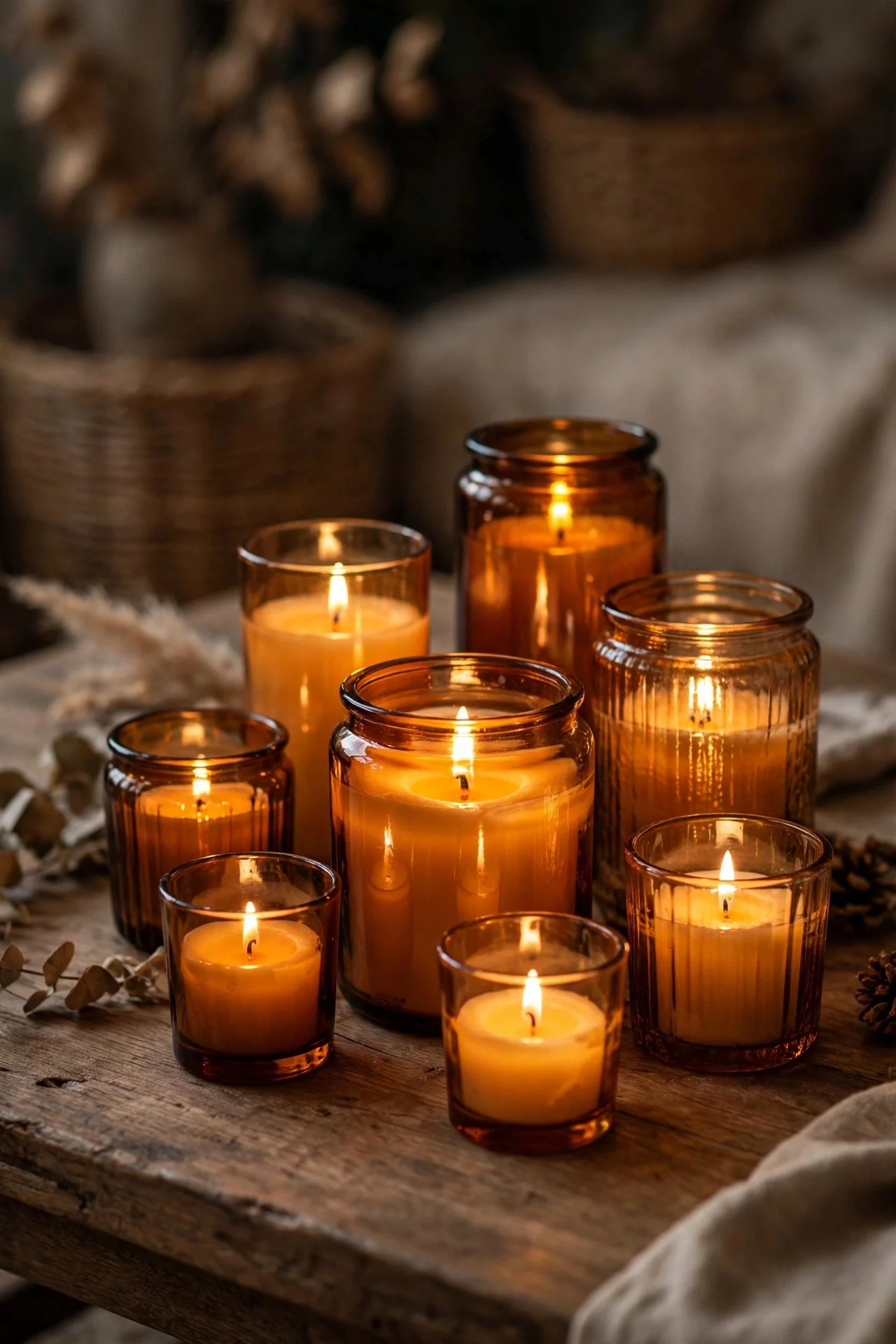 Amber glass candle cluster on a coffee table
