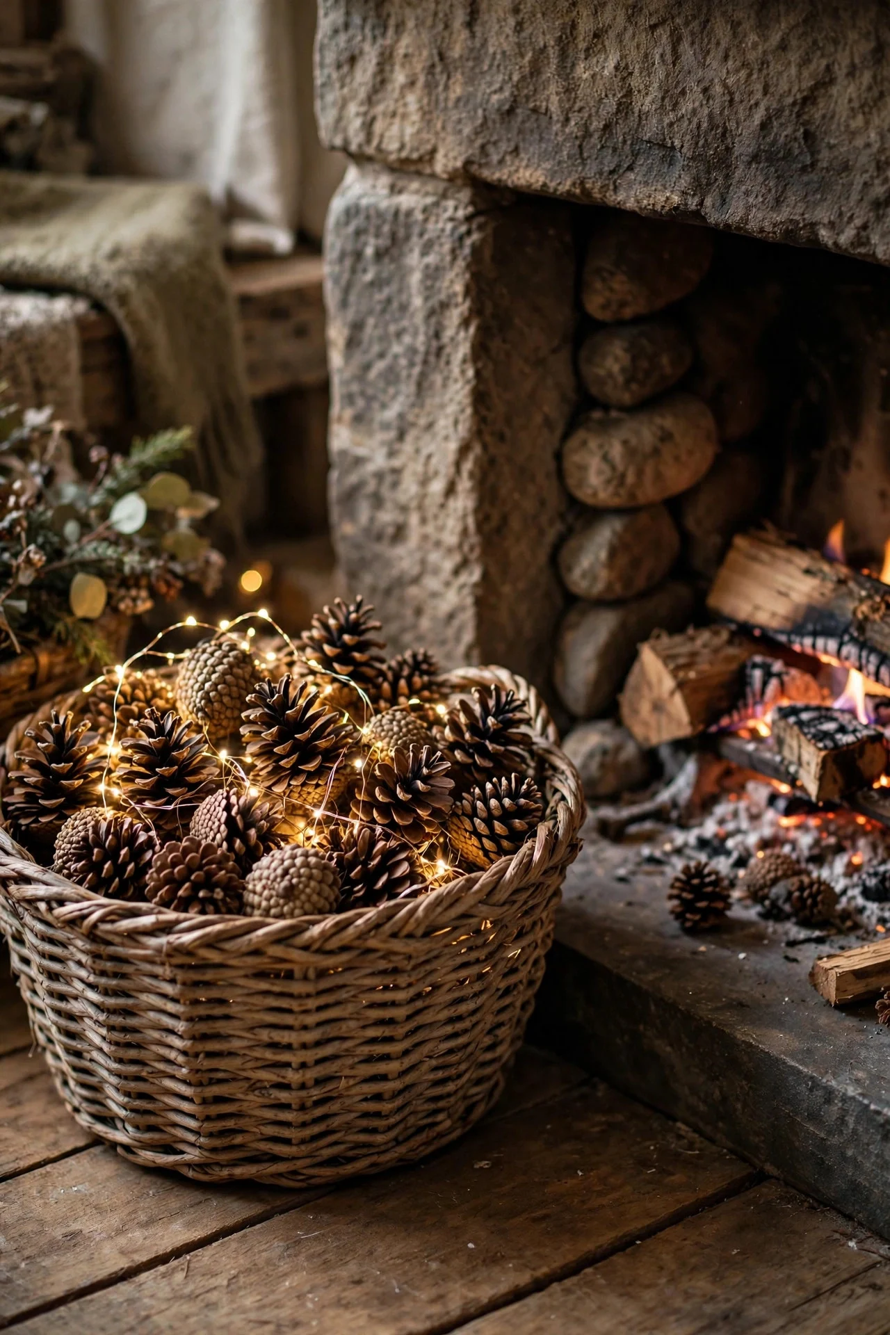 Basket of pinecones by the fireplace