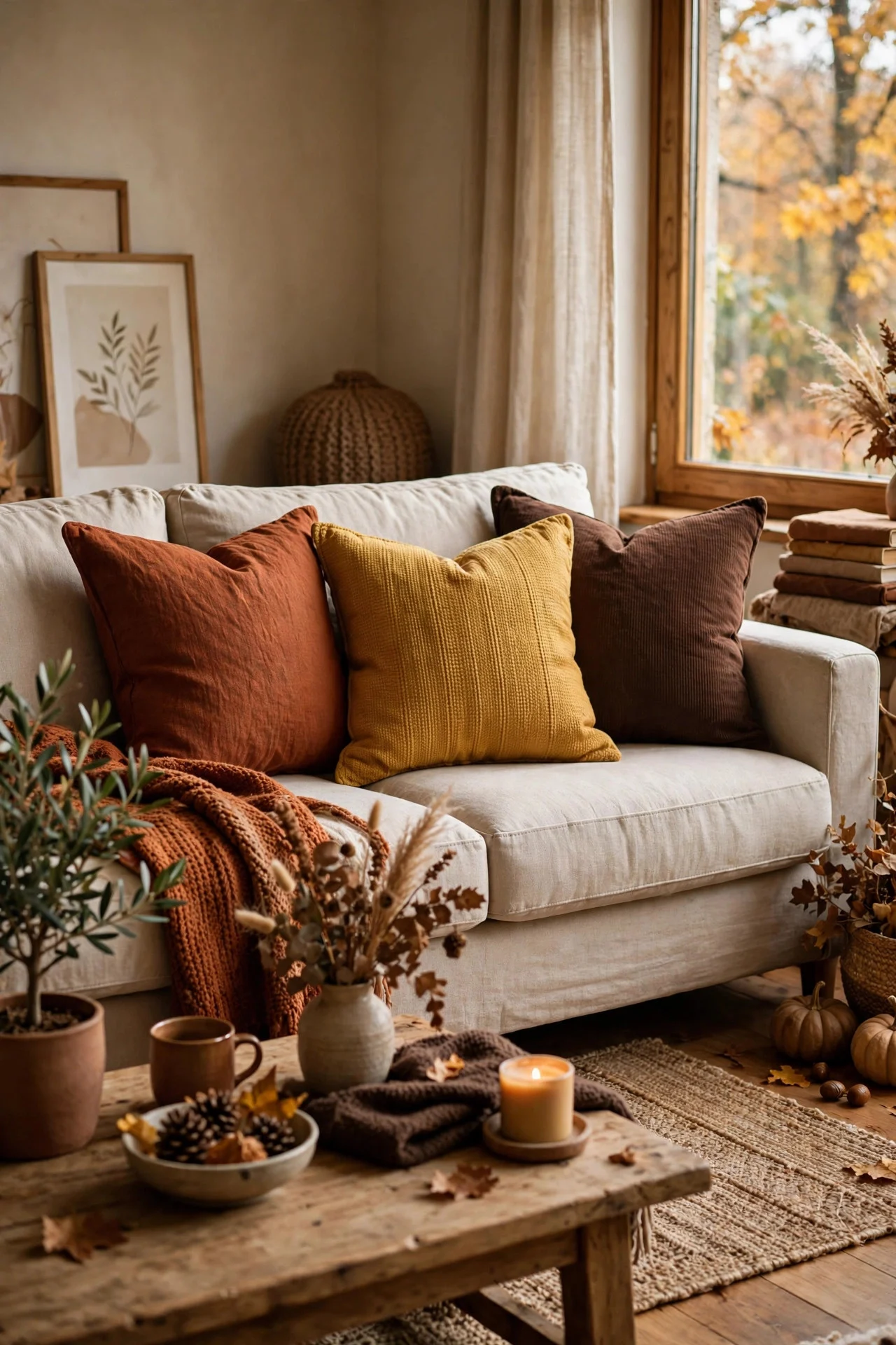 Warm-toned pillow covers on a sofa