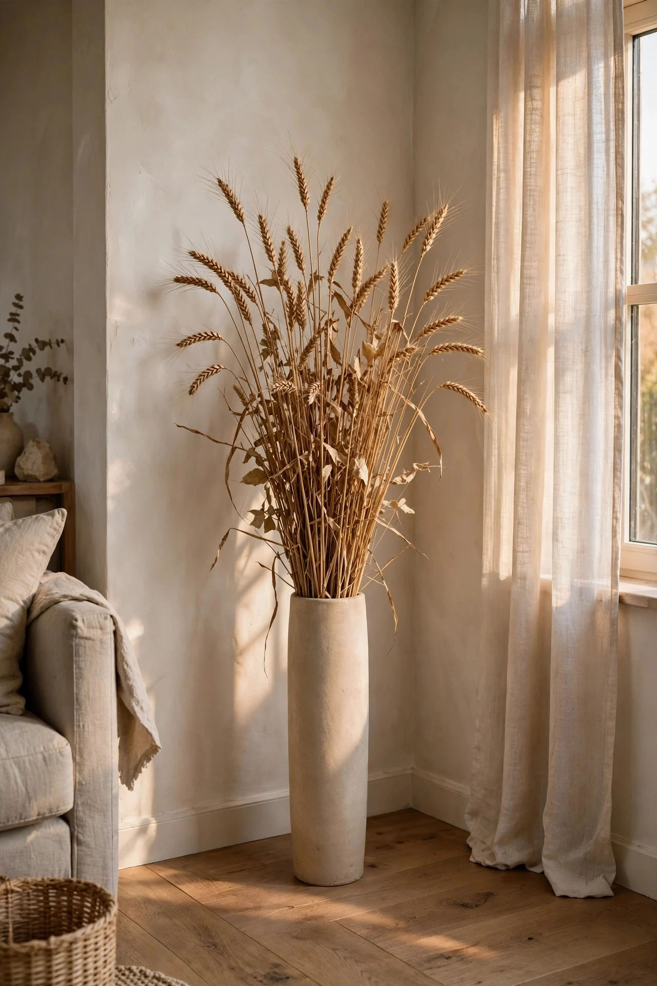 Dried wheat in a tall floor vase
