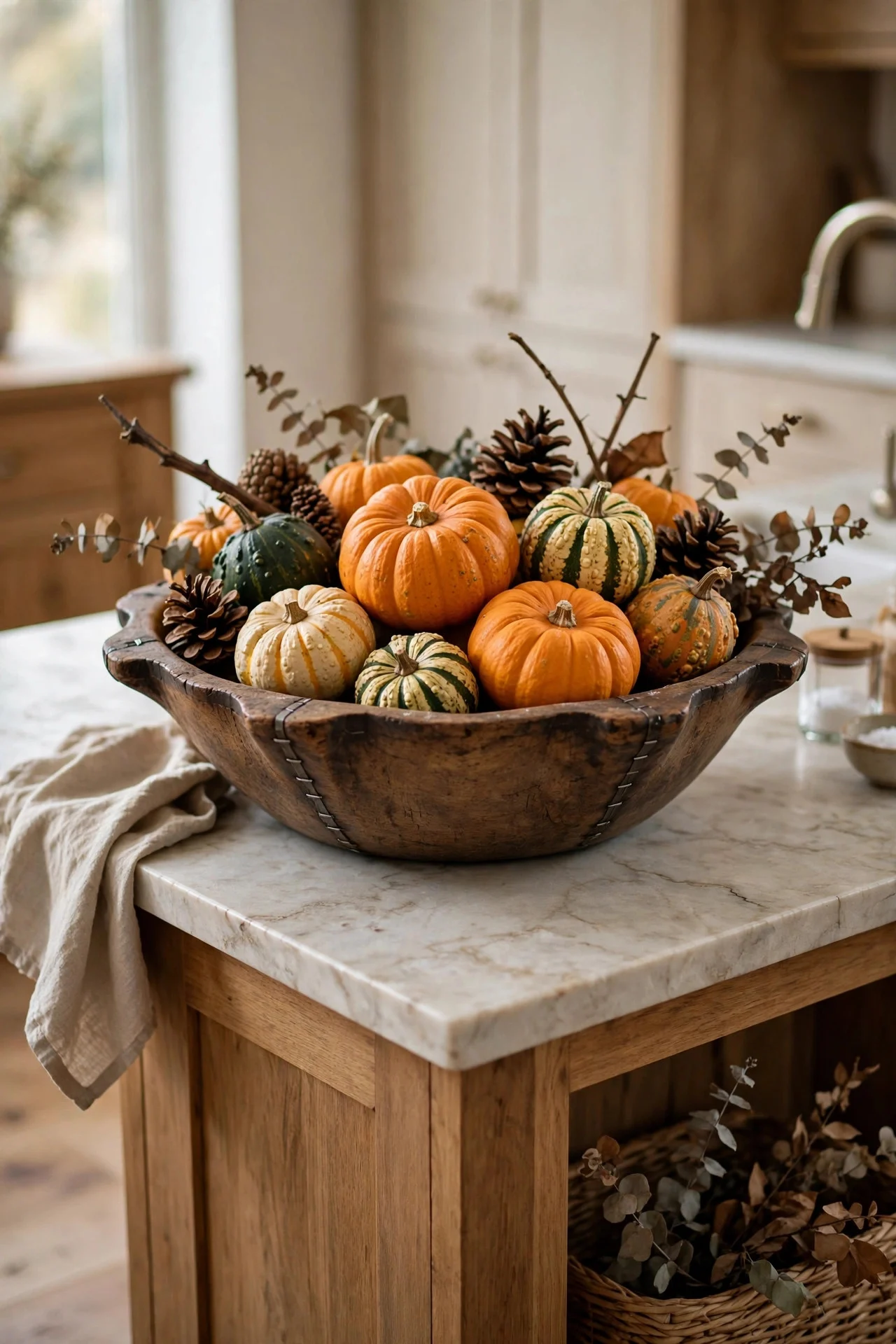 Dough bowl centerpiece with pumpkins on a kitchen island