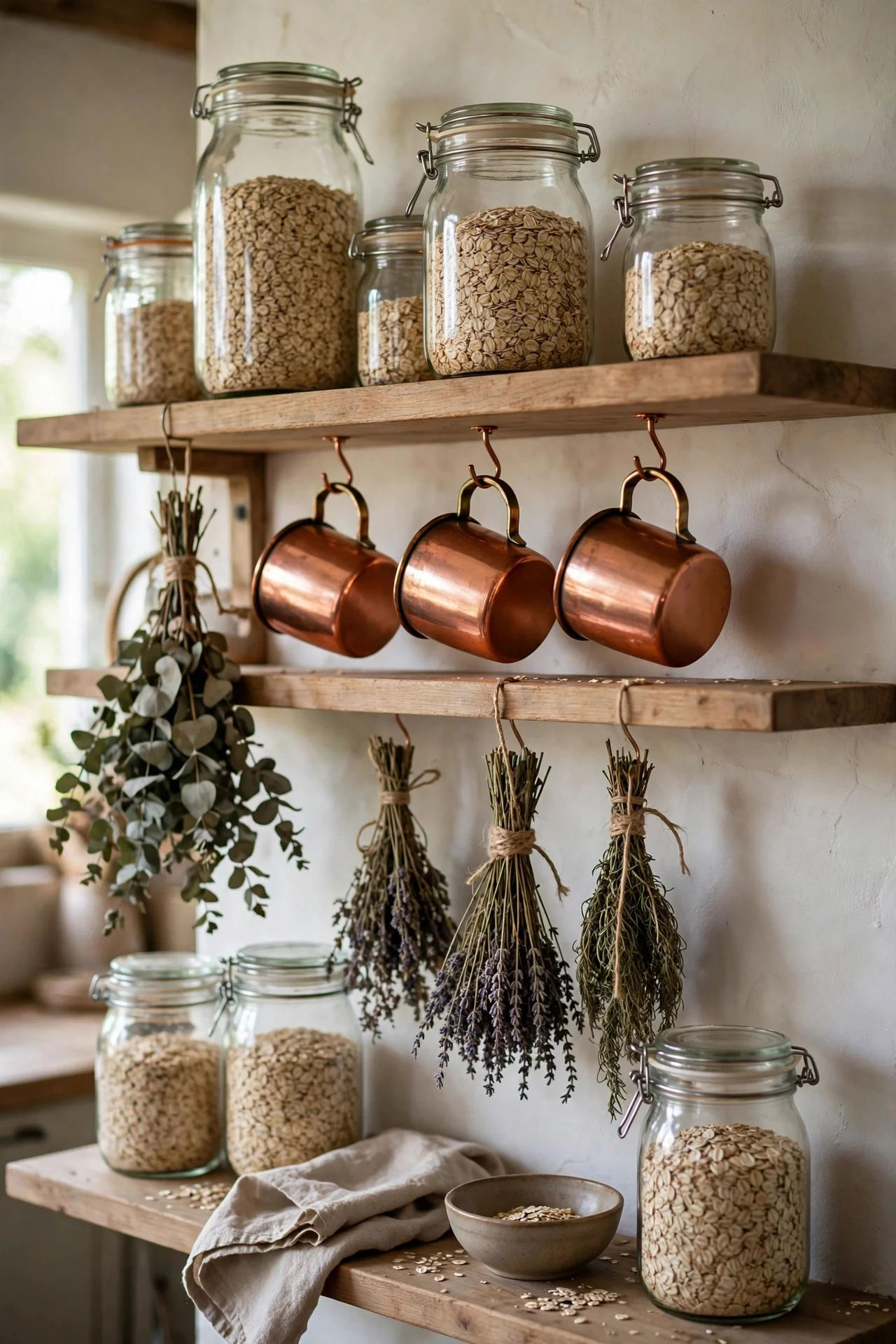 Seasonal open kitchen shelves with jars and herbs