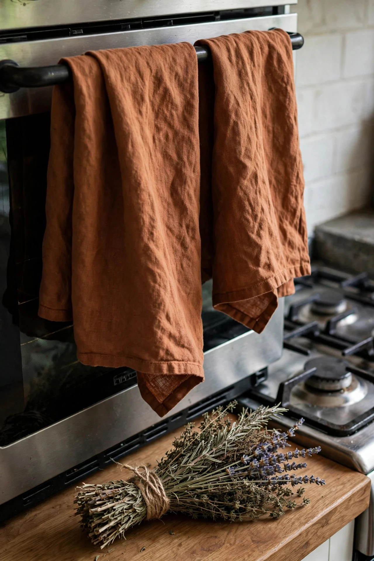 Linen tea towels and herb bundle in a kitchen