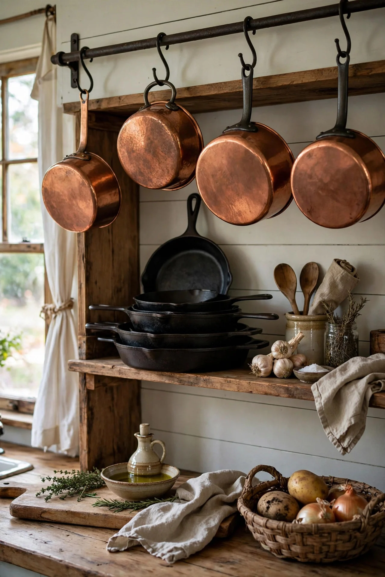 Copper pots and cast iron displayed in a kitchen