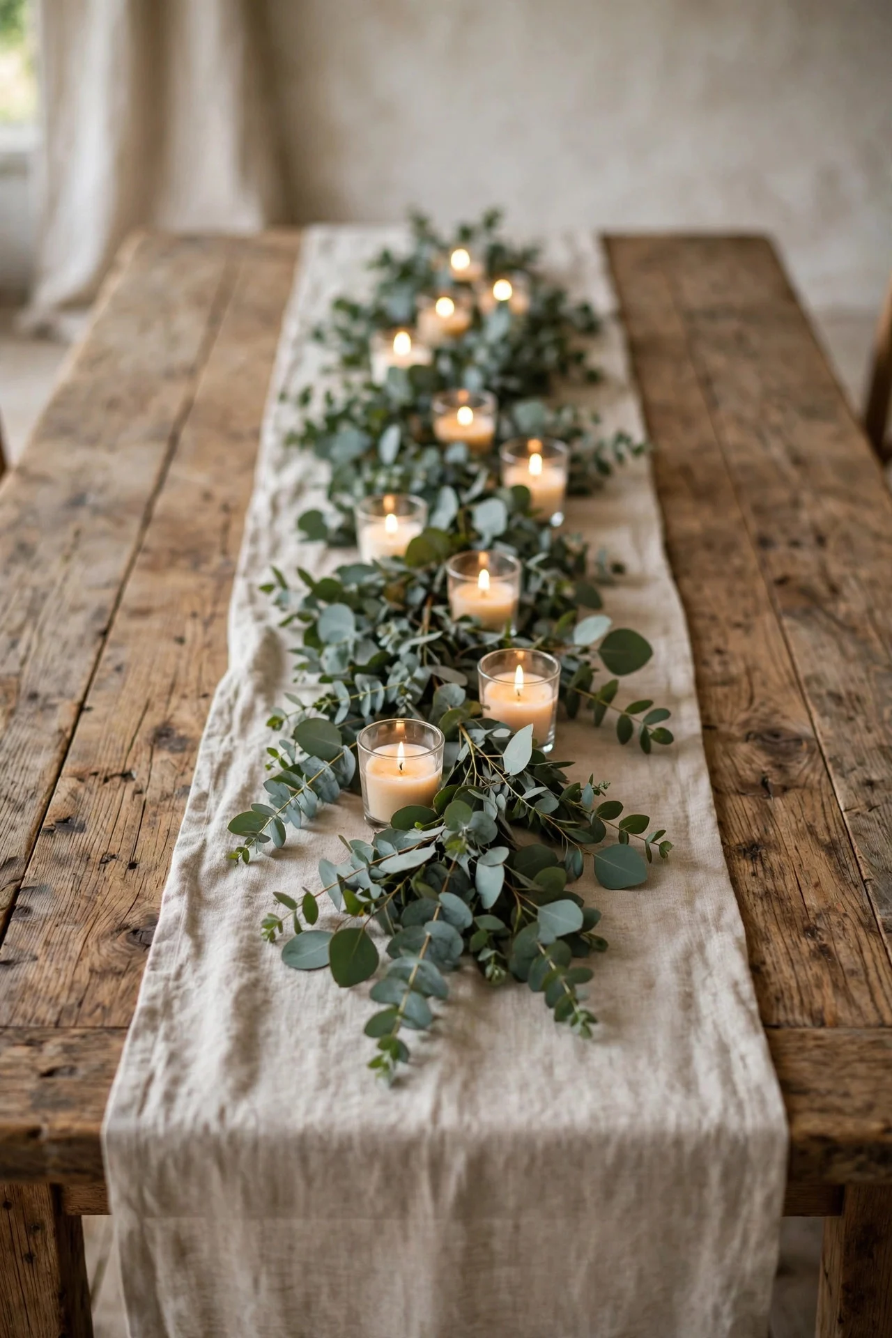 Linen runner with eucalyptus on a dining table
