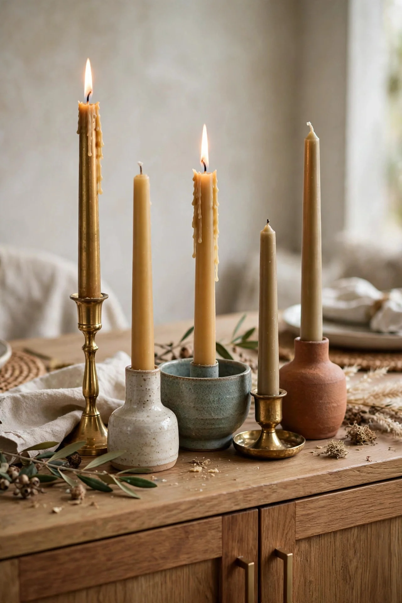 Taper candle cluster on a dining sideboard